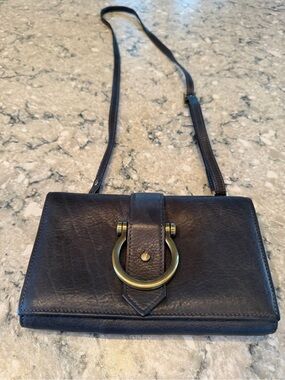 Women's Black Soft Leather Trifold Crossbody with Brass Ring Detail